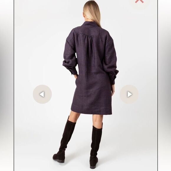 Ann Mashburn Anaya Popover Dress in Brown Navy Gingham Linen Size MED - Picture 3 of 15